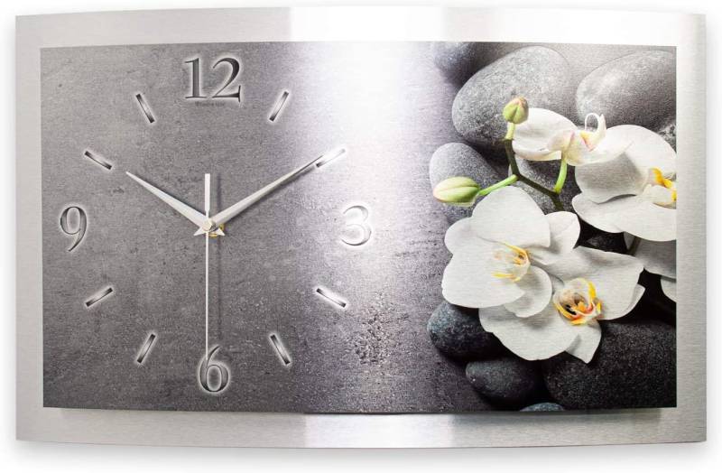 Kreative Feder Wanduhr 3D Designer-Wanduhr „Orchidee“ aus gebürstetem Aluminium (3D-Wölbung, einzigartiges Zwei-Platten-Design, flüsterleises Uhrwerk) von Kreative Feder