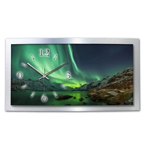 Kreative Feder 3D Designer-Wanduhr Polarlicht in modernem Metallic-Design; leise Funkuhr mit Naturwunder Motiv wahlweise in Zwei Größen (Polarlicht, 80x40cm; leises Funkuhrwerk) von Kreative Feder