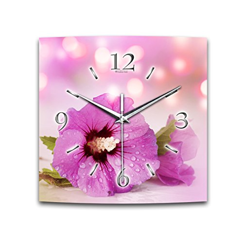Kreative Feder Wanduhr Relax Flower Größe 30x30cm quadratisch in modernem Design mit leisem Uhrwerk wahlweise Funk oder Quarz und verschiedenen Motiven (Rosa Blüte, leises Funkuhrwerk) von Kreative Feder
