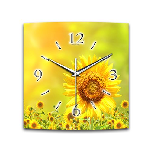Kreative Feder Wanduhr Relax Flower Größe 30x30cm quadratisch in modernem Design mit leisem Uhrwerk wahlweise Funk oder Quarz und verschiedenen Motiven (Sonnenblume, leises Funkuhrwerk) von Kreative Feder