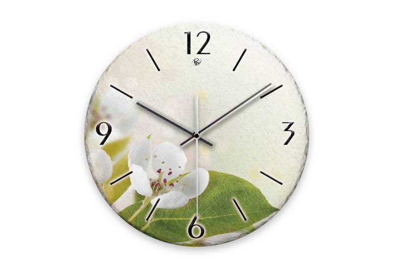 Kreative Feder Wanduhr Wanduhr „Birnbaum-Blüten“ aus Stein (Keramik) in Schiefer-Optik (ohne Ticken, Funk- oder Quarzuhrwerk, ⌀ 30cm, außergewöhnlich) von Kreative Feder