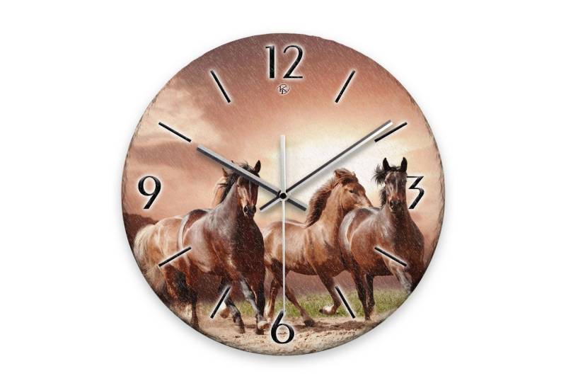 Kreative Feder Wanduhr Wanduhr „Wilde Pferde“ aus Stein (Keramik) in Schiefer-Optik (ohne Ticken, Funk- oder Quarzuhrwerk, ⌀ 30cm, außergewöhnlich) von Kreative Feder