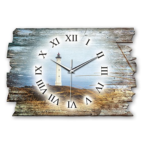 Kreative Feder Weißer Leuchtturm Landhaus Shabby Style Designer Wanduhr Funkuhr aus Holz *Made in Germany leise ohne Ticken WH042FL 40x27cm (leises Funkuhrwerk) von Kreative Feder