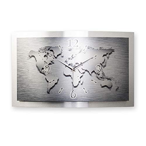 Kreative Feder 3D Designer-Wanduhr Weltkarte in modernem Metallic-Design; leise Quarzuhr mit glänzendem Motiv wahlweise in Zwei Größen (Weltkarte, 80x40; leises Quarzuhrwerk) von Kreative Feder