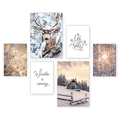 Poster-Set | Winter | 6 Bilder Deko Wohnzimmer Modern Schlafzimmer Bild für Ihre Wand - optional mit Rahmen - 2 x DIN A3 & 4 x DIN A4 - ca. 30x40 & 20x30 (natur Rahmen) von Kreative Feder