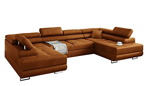 Ecksofa Miami U mit Schlaffunktion, Eckcouch mit Bettkasten, U Form Couch, Wohnzimmersofa, Ecksofa mit Bettkasten, Sofagarnitur mit Schalffunktion, 338 x 203 cm (Hochwertiger Stoff) (Gold) von Kreative Furniture & Design