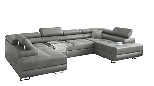 Ecksofa MIAMI U eckcouch mit schlaffunktion und bettkasten, U Form Couch, Eckcouch mit schlaffunktion, Ecksofa mit Bettkasten, wohnlandschaft xxl, 338 x 203 cm (Hochwertiger Stoff) (Grau) von Kreative Furniture & Design