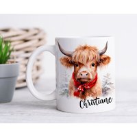 Wintermotiv Kuhtasse, Highland Kuh Für Kuhliebhaber, Personalisierter Bauernhof Tierbecher, Kuhgeschenke, Namensbecher, Geburtstag von Kreativico