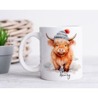 Wintermotiv Kuhtasse, Highland Kuh Für Kuhliebhaber, Personalisierter Bauernhof Tierbecher, Kuhgeschenke, Namensbecher, Geburtstag von Kreativico