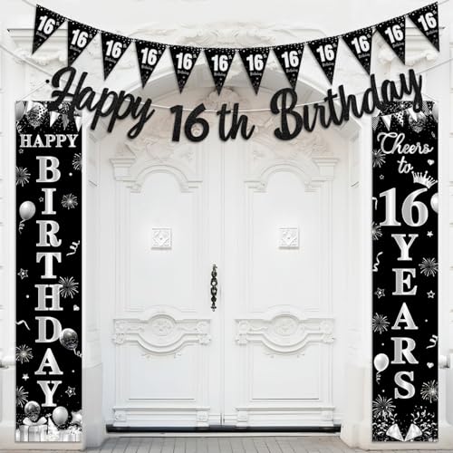 Kreatwow 16. Geburtstag Dekorationen Schwarz und Silber Cheers to 16 Years Yard Sign Tür Banner Happy 16th Birthday Banner Girlande Schwarz Silber für 16 Jahre alt Männer Frauen Geburtstag von Kreatwow