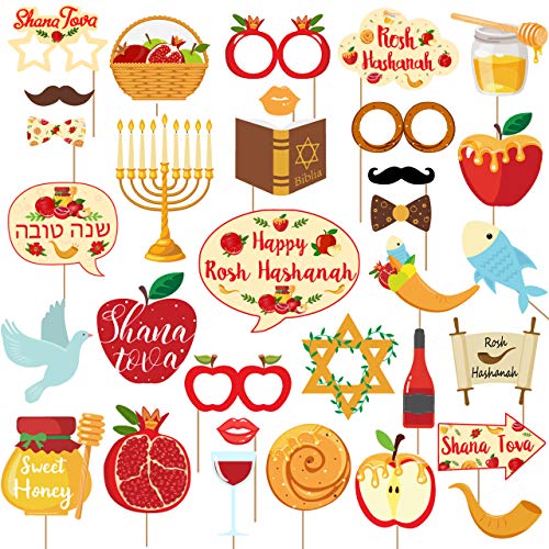 Kreatwow Rosh Hashanah Photo Booth Requisiten Jüdische Neujahrsdekorationen Shana Tova Honig Granatapfel Fisch Mittelstücke für jüdische Feiertagsfeierzubehör 32 Stk von Kreatwow