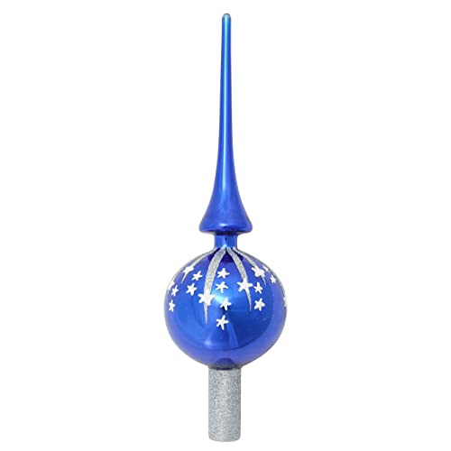 Blau Glanz 28cm Designer-Baumspitze aus Glas, mundgeblasen und handdekoriert von Krebs Glas Lauscha