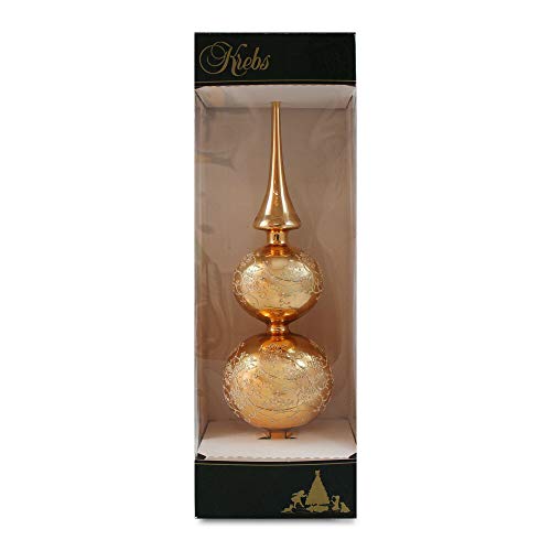 Krebs Glas Lauscha Baumspitze Gold glänzend mit Golddekor ca. 34 cm, mundgeblasener Baumschmuck für Weihnachten von Krebs Glas Lauscha