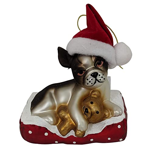 Christmas By Krebs Baumschmuck aus geblasenem Glas, Sammlerstück, 10,2 cm, Hund mit Weihnachtsmütze und Teddybär von Krebs Glas Lauscha