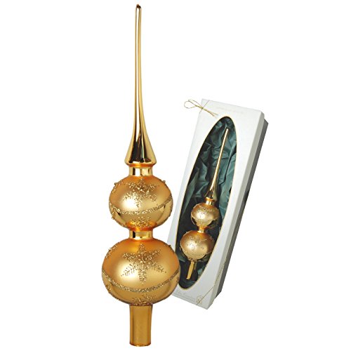 Krebs Glas Lauscha - Christbaumschmuck/Christbaumspitze aus Glas - Doppelspitze - Farbe: Gold mit Schneesterndekor - Größe: ca. 30 cm - Made in Germany von Krebs Glas Lauscha