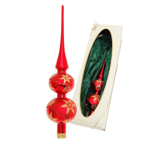 Krebs Glas Lauscha - Christbaumschmuck/Christbaumspitze aus Glas - Doppelspitze - Farbe: Rot mit Schneesterndekor - Größe: ca. 30 cm - Made in Germany von Krebs Glas Lauscha