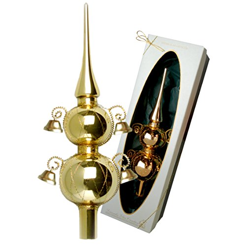 Krebs Glas Lauscha - Christbaumschmuck/Christbaumspitze aus Glas - Doppelspitze umsponnen mit 4 Glöckchen - Farbe: Gold - Größe: ca. 29 cm - Made in Germany von Krebs Glas Lauscha