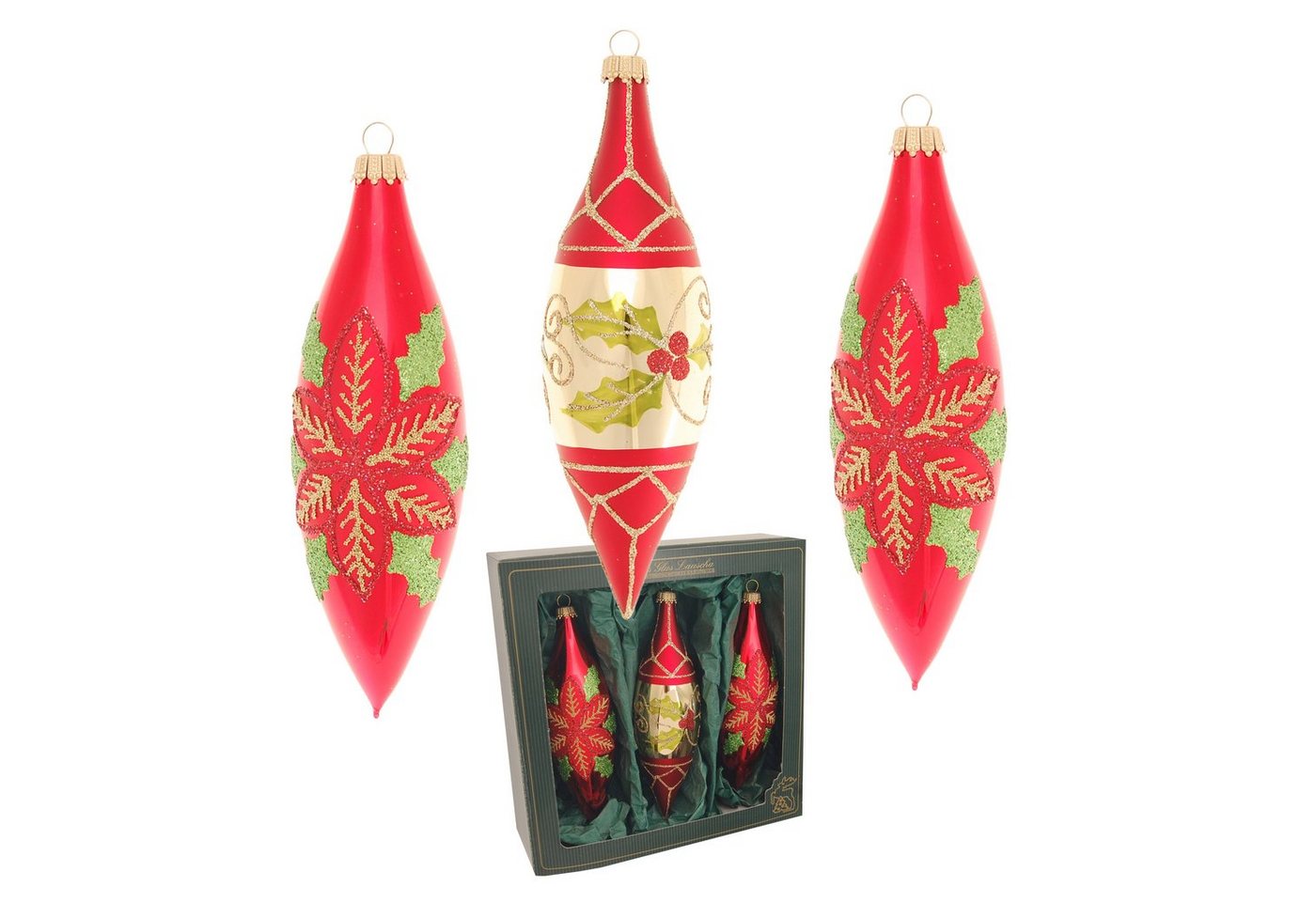 Krebs Glas Lauscha Christbaumschmuck Weihnachtsstern & Beeren, 3-er Set, Oliven, rot matt/gold glanz, 15cm (3-tlg) von Krebs Glas Lauscha