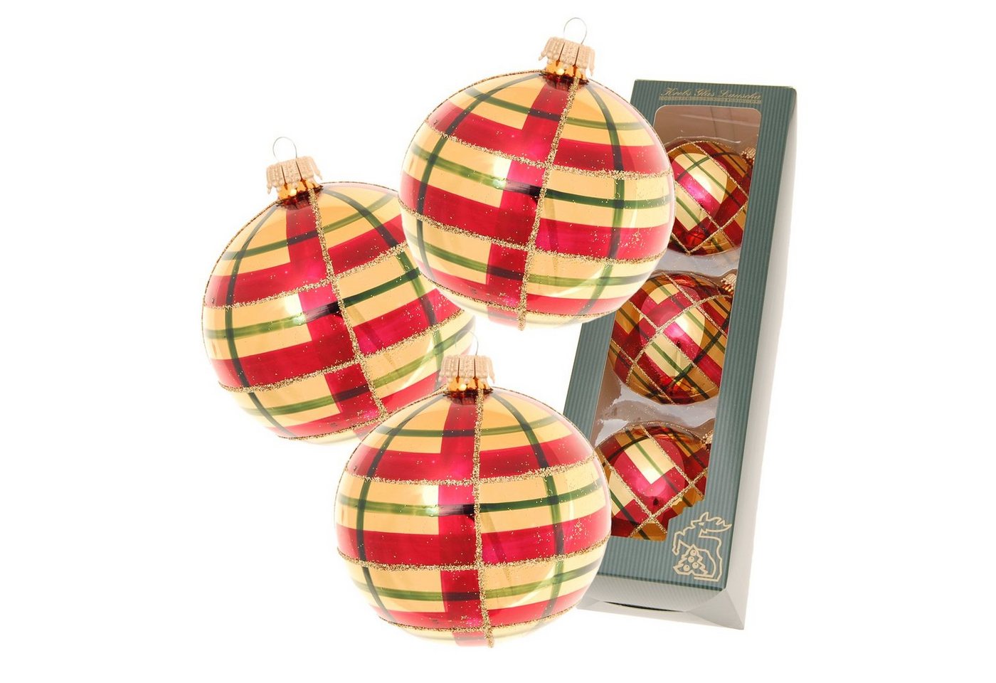 Krebs Glas Lauscha Christbaumschmuck Xmas Night Caro, 3-er Set, gold glanz/rot/grün kariert, 8cm (3-tlg) von Krebs Glas Lauscha