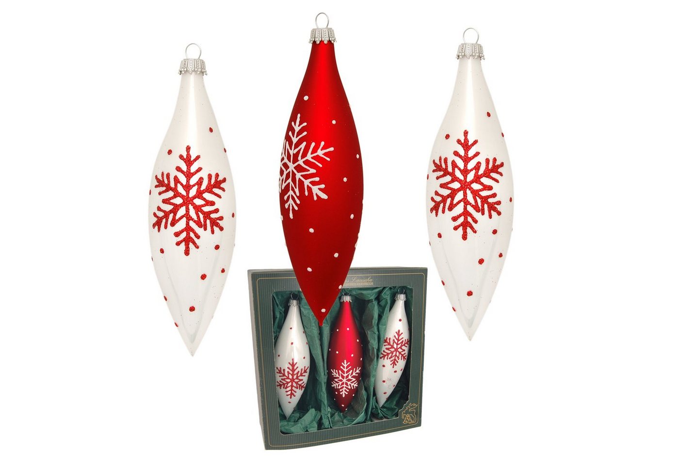 Krebs Glas Lauscha Christbaumschmuck Scandic Xmas Schneeflocke", 3er Set, Oliven, weiß glanz/rot, 15cm (3-tlg)" von Krebs Glas Lauscha