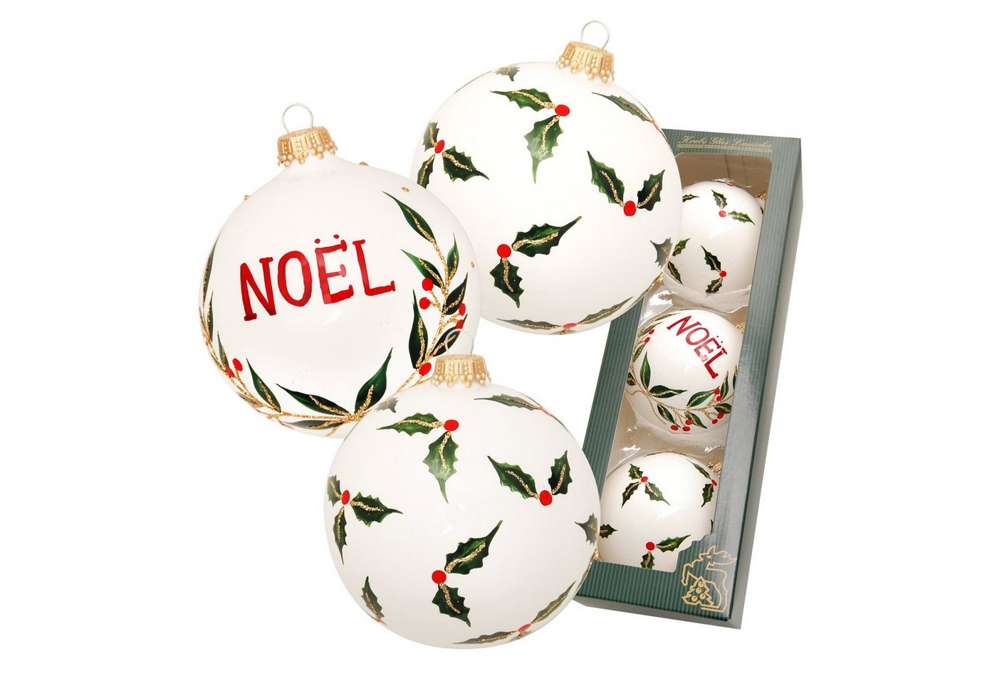 Krebs Glas Lauscha Christbaumschmuck Scandic Xmas Stechpalme", 3-er Set, 2 Stechpalme, 1 Noel, weiß matt" von Krebs Glas Lauscha