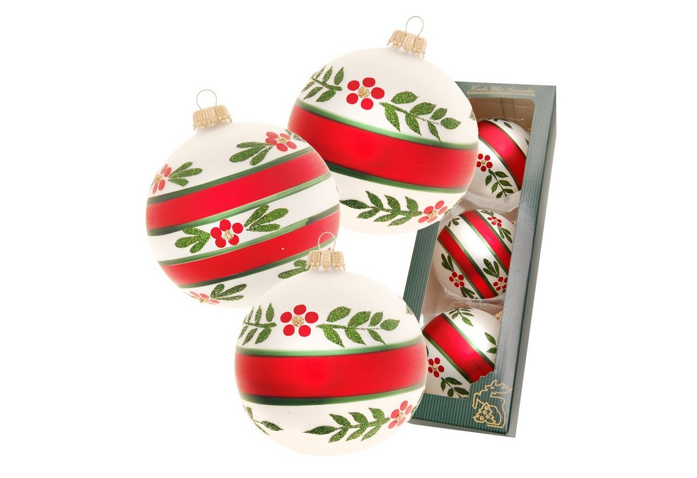 Krebs Glas Lauscha Christbaumschmuck Scandic Xmas Floral", 3-er Set, silber matt/rot/grün, 8cm" von Krebs Glas Lauscha