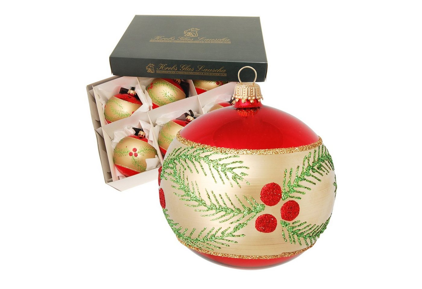 Krebs Glas Lauscha Christbaumschmuck Rot glanz/Gold matt 8cm Glaskugel mundgeblasen und weihnachtlich handd (6-tlg) von Krebs Glas Lauscha