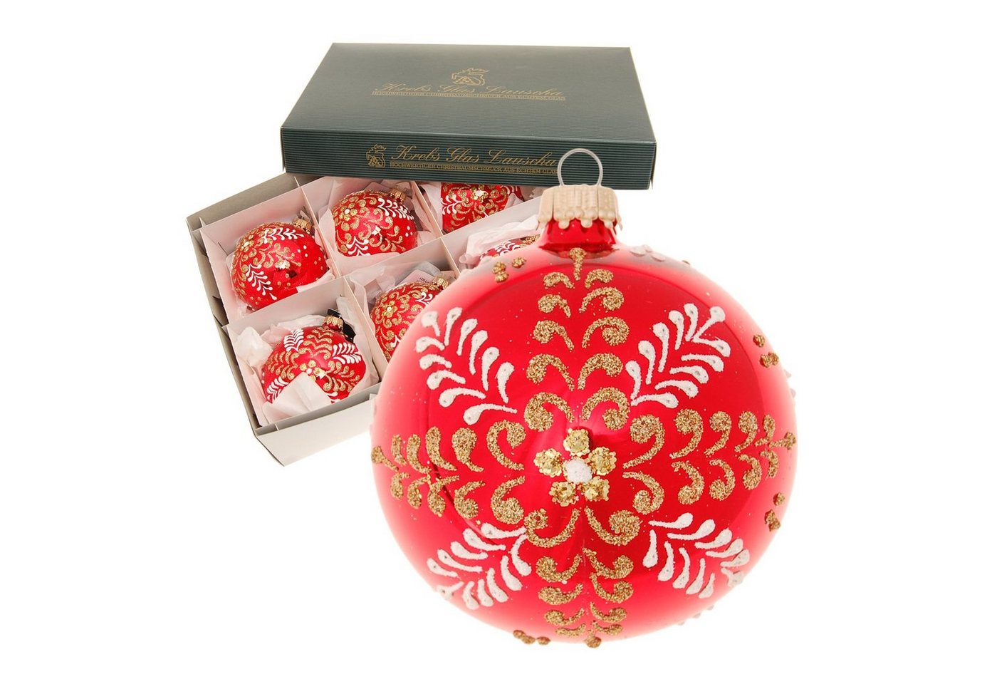 Krebs Glas Lauscha Christbaumschmuck Rot glanz 8cm Glaskugel Blumen-Stil mundgeblasen und handdekoriert (6-tlg) von Krebs Glas Lauscha