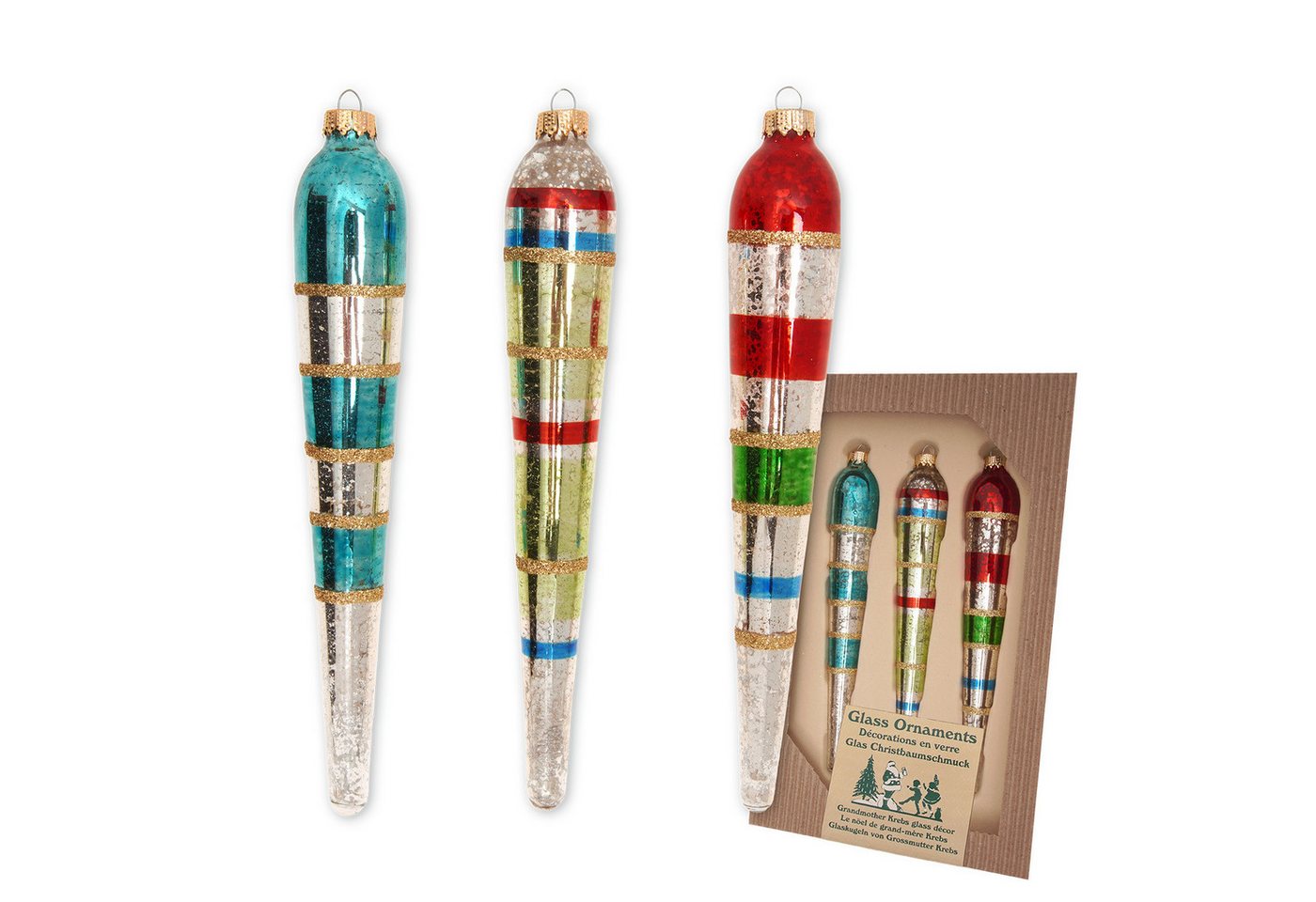 Krebs Glas Lauscha Christbaumschmuck 3er Set Glasanhänger - Eiszapfen in Retro-Farben - ca. 17 cm, für nostalgischen Flair - winterliche Weihnachtsdeko für den Baum Krebs Glas Lauscha Christbaumschmuck 3er Set Glasanhänger - Eiszapfen in Retro-Farben - ca. 17 cm, für nostalgischen Flair - winterliche Weihnachtsdeko für den Baum von Krebs Glas Lauscha