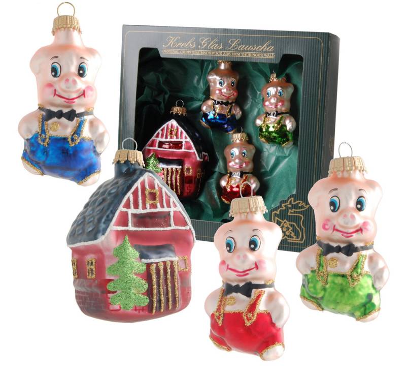 Krebs Glas Lauscha Christbaumschmuck 4er Set - märchenhafte Glasanhänger - Die 3 kleinen Schweinchen + Haus, zauberhafte Weihnachtsbaumdekoration für ein fröhliches Fest von Krebs Glas Lauscha