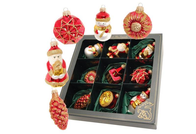 Krebs Glas Lauscha Christbaumschmuck 9er Set mit verschiedenen Formen - Rot - ca. 6-8cm - aus Glas, Dekoration mit kräftigen Farben und traditioneller Ausstrahlung von Krebs Glas Lauscha