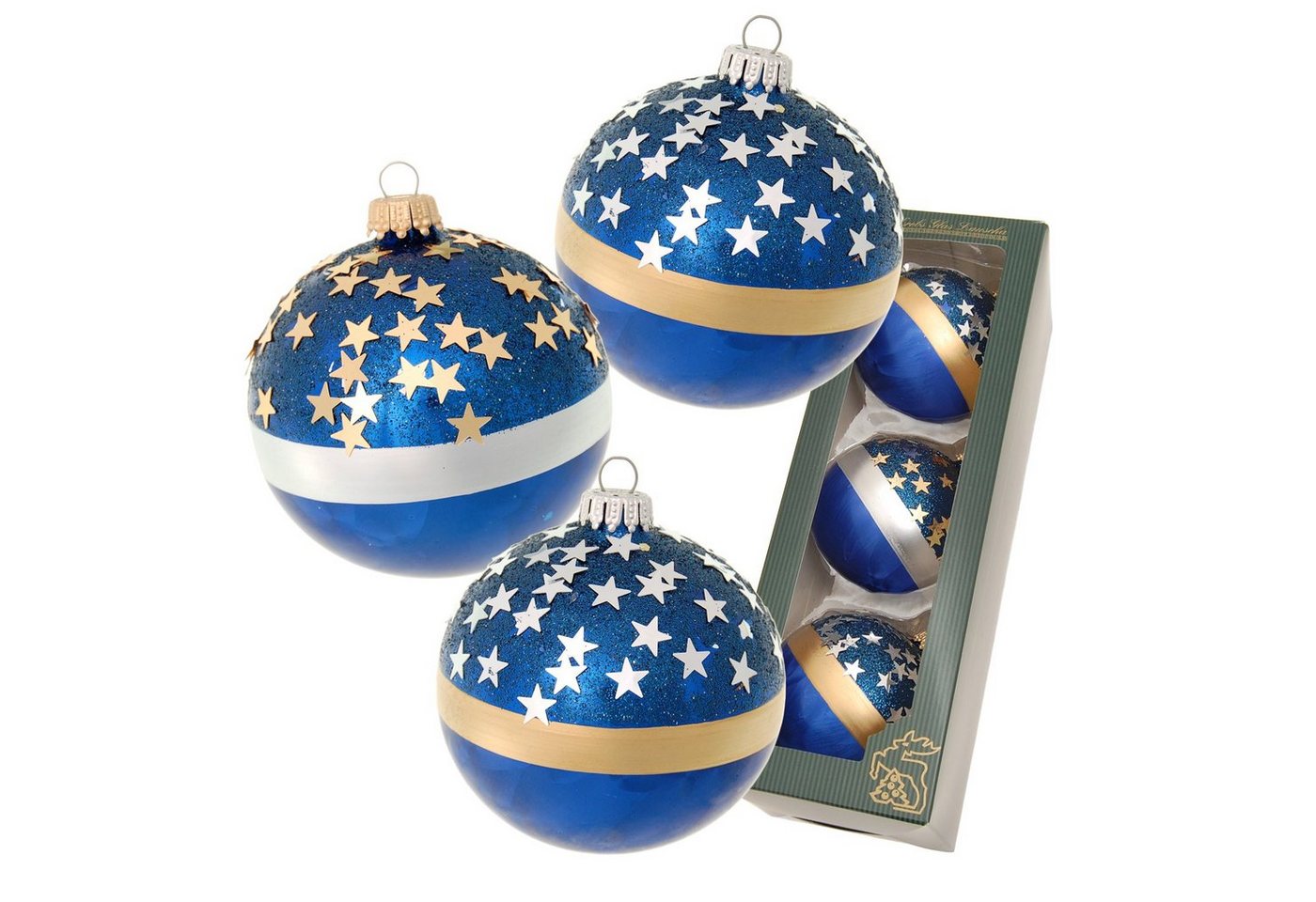 Krebs Glas Lauscha Christbaumschmuck Cobalt Blau glanz 8cm Glaskugelsortiment 3-fach, mundgeblasen, handbem (3-tlg) von Krebs Glas Lauscha