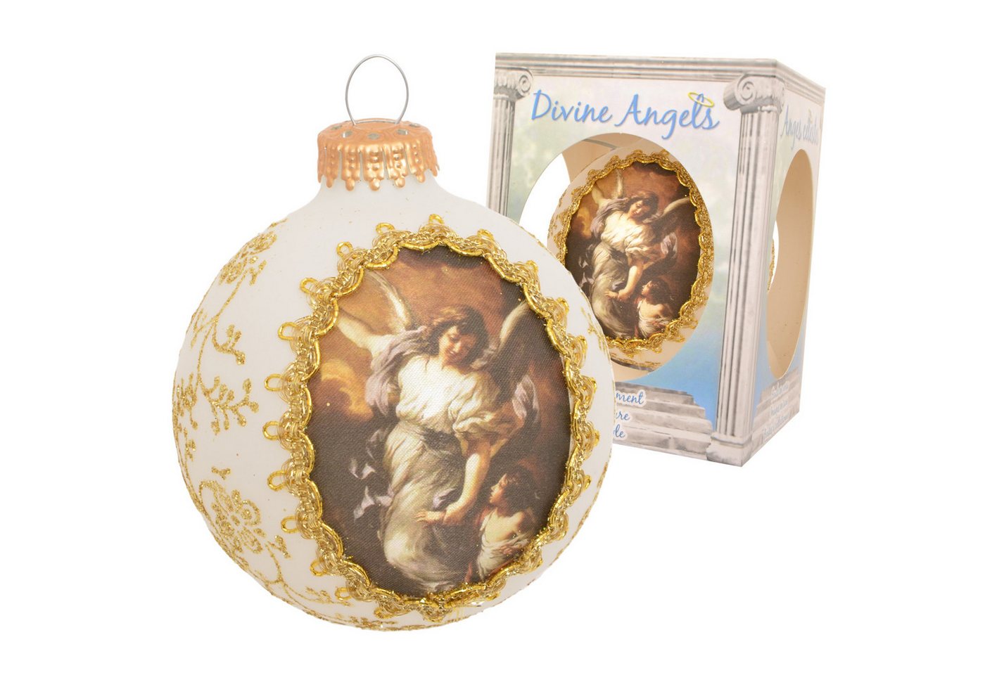 Krebs Glas Lauscha Christbaumschmuck Weihnachtskugel Seidenbild Engel und Engelskind Weiß 8cm von Krebs Glas Lauscha