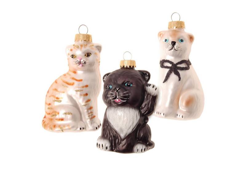 Krebs Glas Lauscha Christbaumschmuck Glasanhänger - niedliche Katzen - 3 Stück - ca. 8cm - für Tierfreunde, verspielte und niedliche Dekoration für den Baum, Strauch oder Tisch von Krebs Glas Lauscha