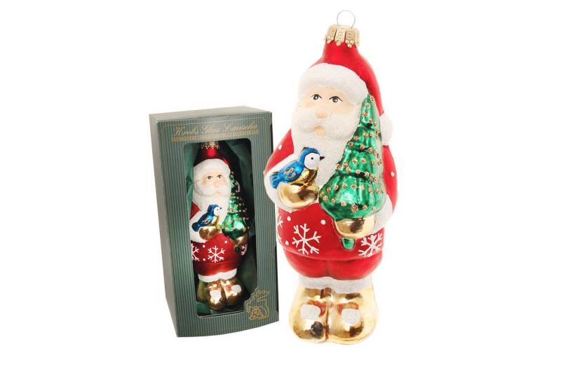 Krebs Glas Lauscha Christbaumschmuck Glasfigur - Weihnachtsmann mit Baum und blauem Vogel - ca. 16cm, traditioneller Santa zum Anhängen an den Weihnachtsbaum von Krebs Glas Lauscha