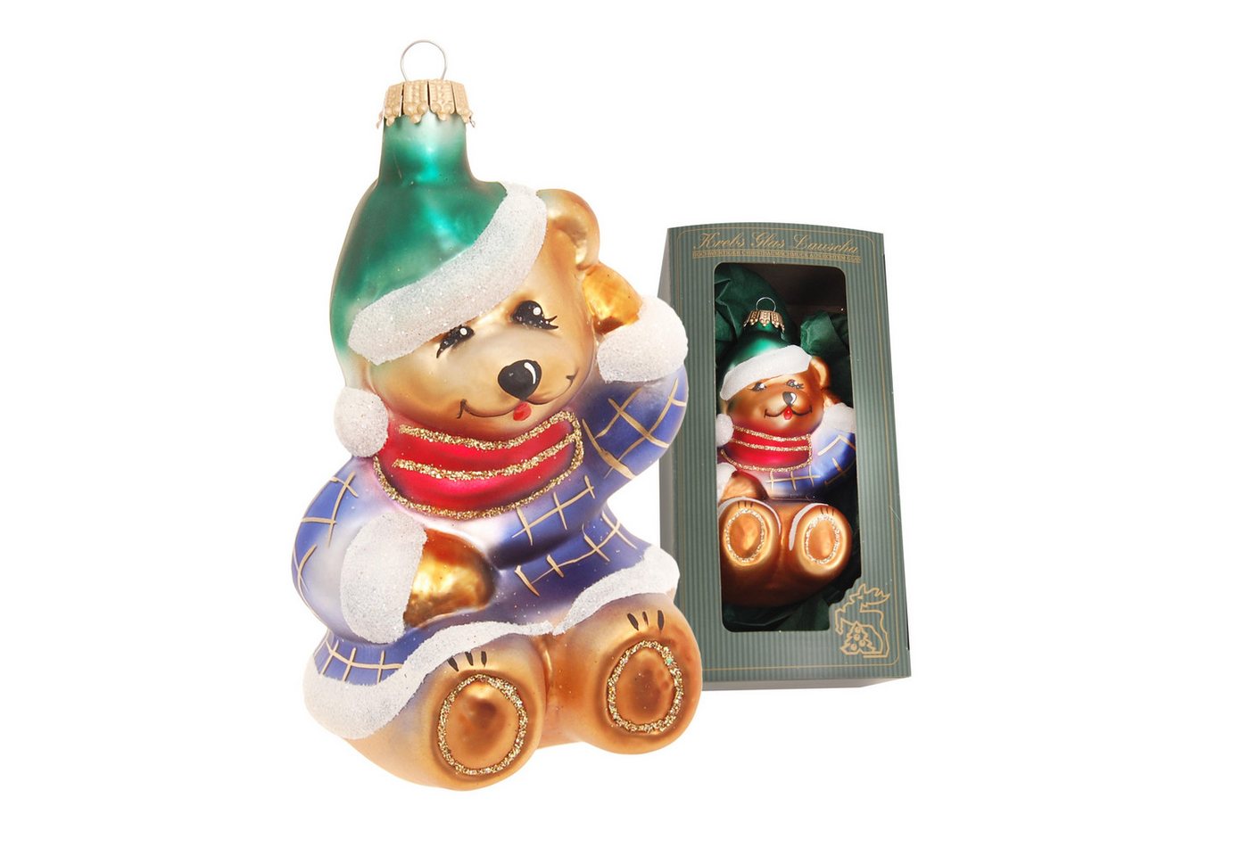 Krebs Glas Lauscha Christbaumschmuck Glasfiguren - großer Weihnachtsbär - ca. 12 cm - zum Anhängen, niedliche Dekoration für den Weihnachtsbaum - auch für Tisch oder Wand von Krebs Glas Lauscha
