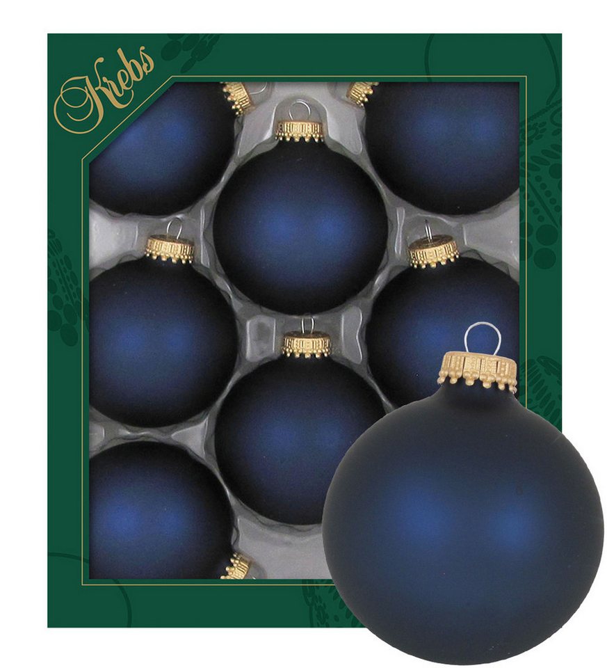 Krebs Glas Lauscha Christbaumschmuck Glaskugel Set - Satin-Dunkelblau - 8 Stück je 7cm, für elegante und königliche Weihnachtsarrangements von Krebs Glas Lauscha