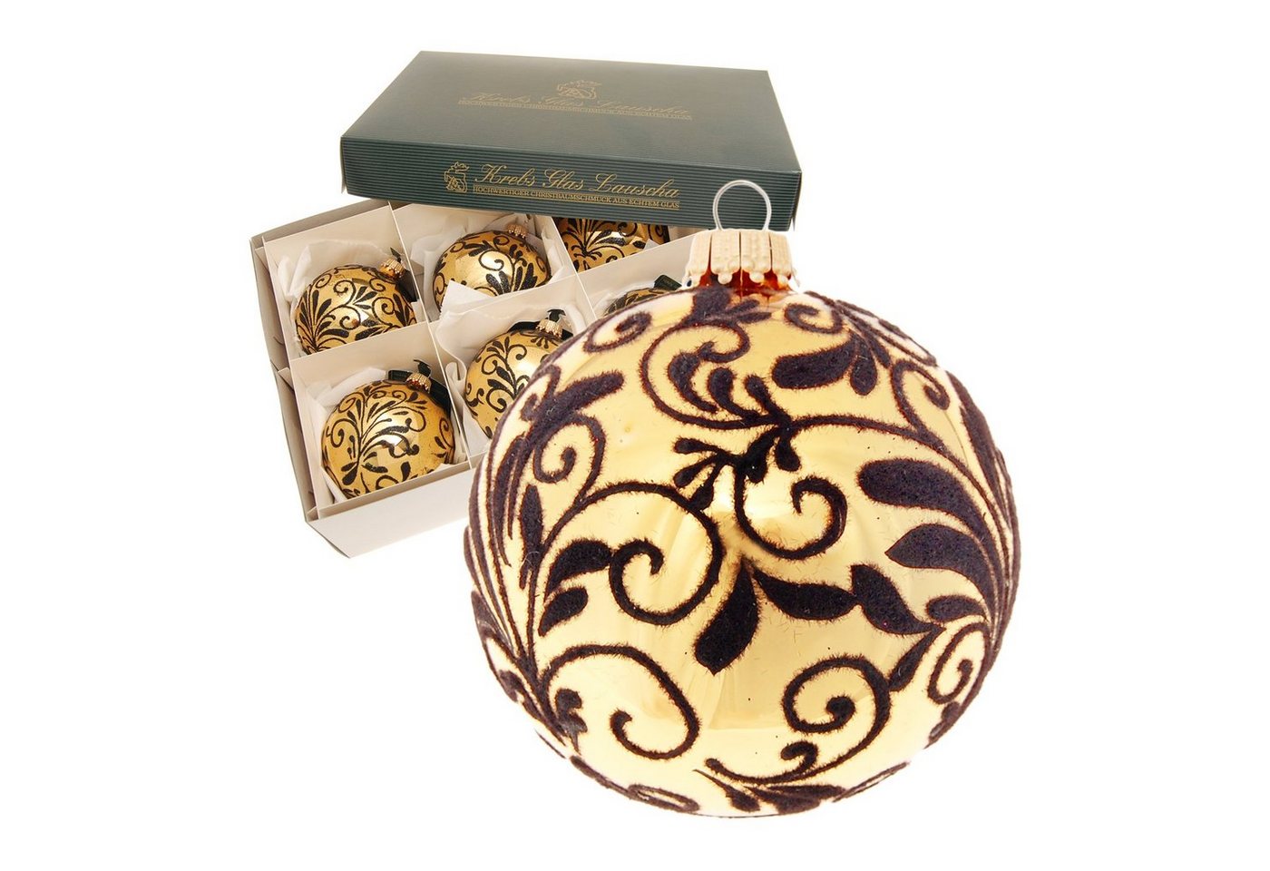 Krebs Glas Lauscha Christbaumschmuck Gold glanz 8cm Glaskugel mundgeblasen und handdekoriert mit beflockter (6-tlg) von Krebs Glas Lauscha