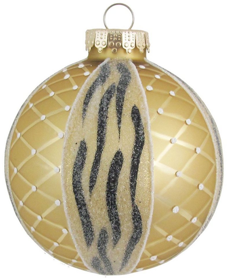 Krebs Glas Lauscha Christbaumschmuck Gold matt 8cm Glaskugel mit Zebramuster handdekoriert (1 Stück) von Krebs Glas Lauscha