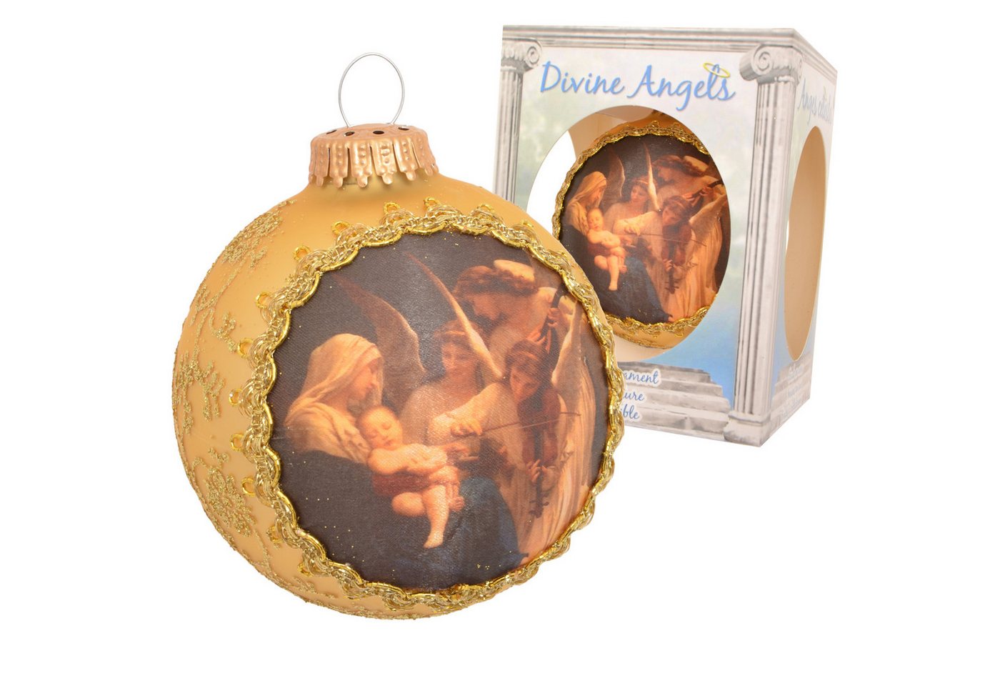 Krebs Glas Lauscha Christbaumschmuck Weihnachtskugel Seidenbild Maria mit Kind und Engeln Goldfarbig 8cm von Krebs Glas Lauscha