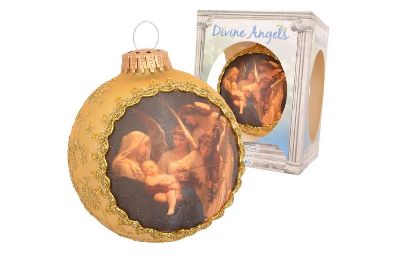 Krebs Glas Lauscha Christbaumschmuck Weihnachtskugel Seidenbild Maria mit Kind und Engeln Goldfarbig 8cm von Krebs Glas Lauscha