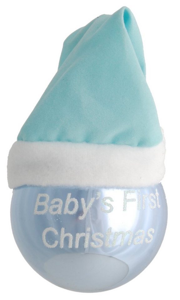 Krebs Glas Lauscha Christbaumschmuck Hellblau 8cm Glaskugel mit Stoffmütze Baby's first Christmas" für J (1-tlg)" von Krebs Glas Lauscha