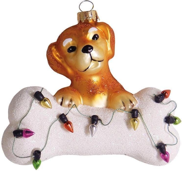 Krebs Glas Lauscha Christbaumschmuck Hund mit Knochen & Lichterkette, Weihnachtsdeko, Christbaumschmuck (1-tlg), mundgeblasen von Krebs Glas Lauscha