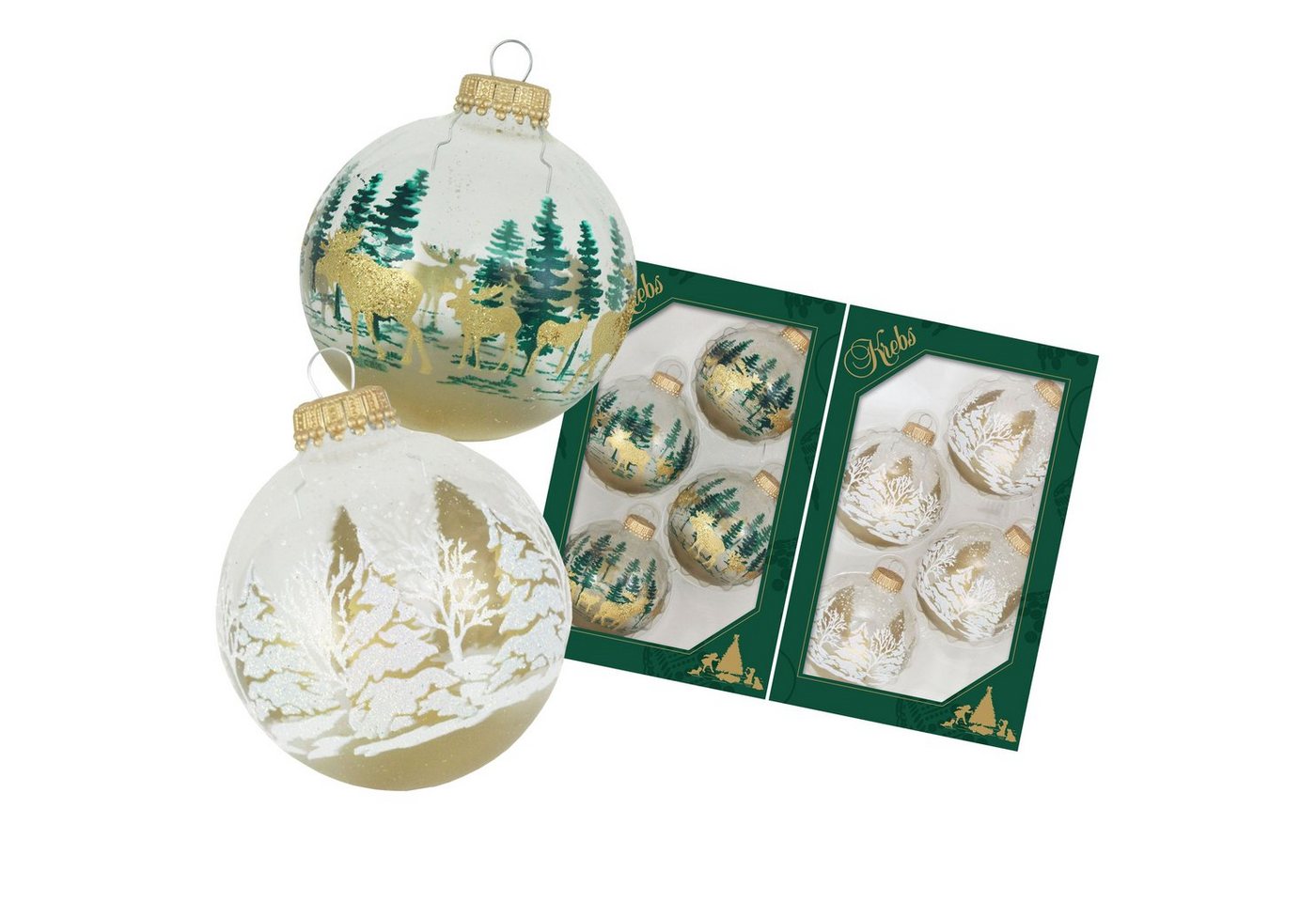Krebs Glas Lauscha Christbaumschmuck Kristall 7cm Glaskugelset Banddekor Winterwald und Elche 2-fach (8-tlg) von Krebs Glas Lauscha