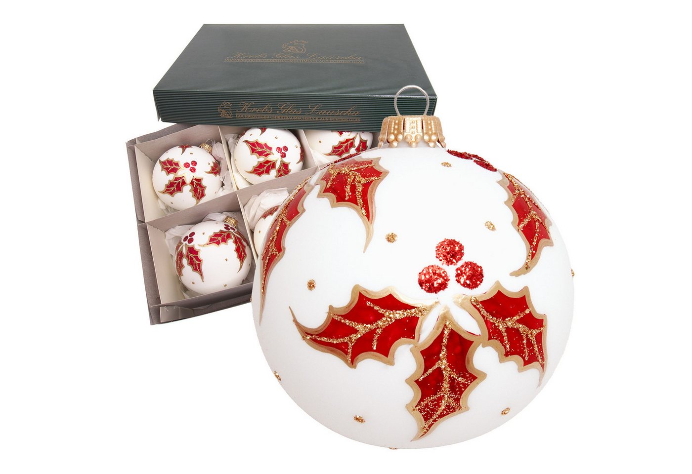 Krebs Glas Lauscha Christbaumschmuck Kugeln Rot & Gold Ilex, Weiß Satin, 8cm Krebs Glas Lauscha Christbaumschmuck Kugeln Rot & Gold Ilex, Weiß Satin, 8cm von Krebs Glas Lauscha