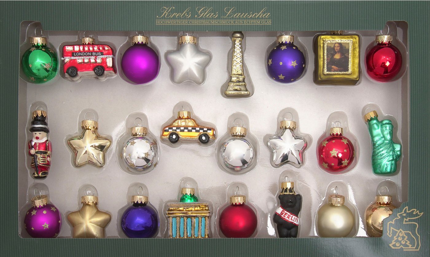Krebs Glas Lauscha Christbaumschmuck Mini-Figuren 24 Tage um die Welt (24-tlg), Christbaumschmuck aus Glas, mundgeblasen, handgefertigt, mini, Figuren von Krebs Glas Lauscha