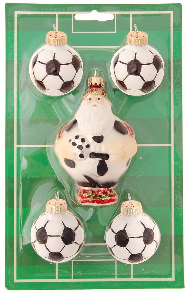 Krebs Glas Lauscha Christbaumschmuck Multicolor, Miniset Fußball-Santa und 4 Fußbälle, mundgeblasen und (5-tlg) von Krebs Glas Lauscha