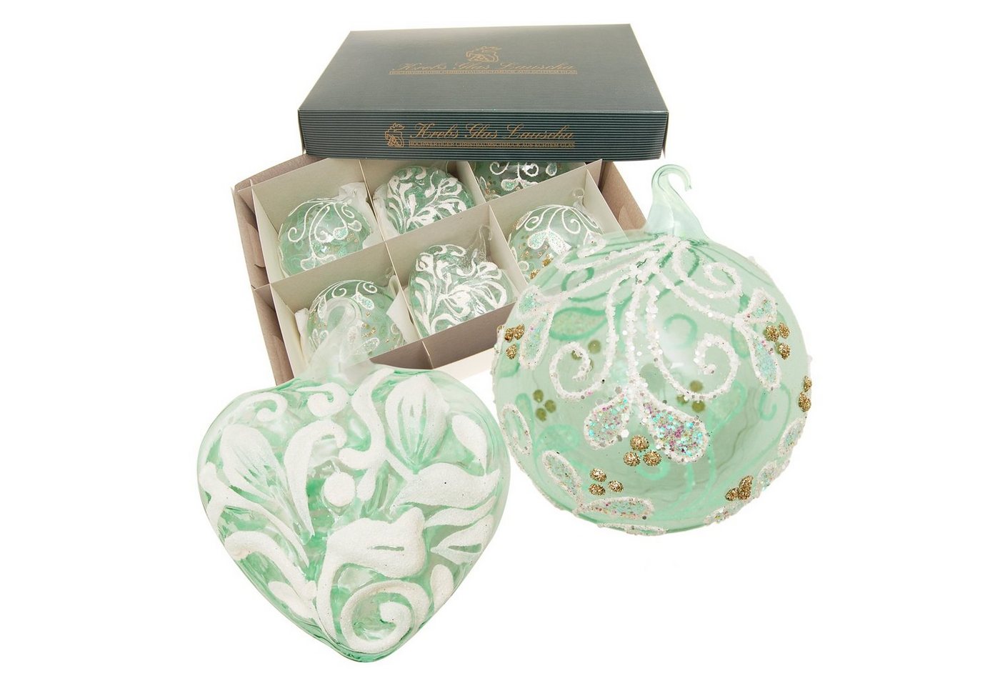 Krebs Glas Lauscha Christbaumschmuck Relaxed Xmas Set \"Floral Mint\"", 6-teilig, 2 Reliefherzen, 4 Kugeln, (6-tlg)" von Krebs Glas Lauscha