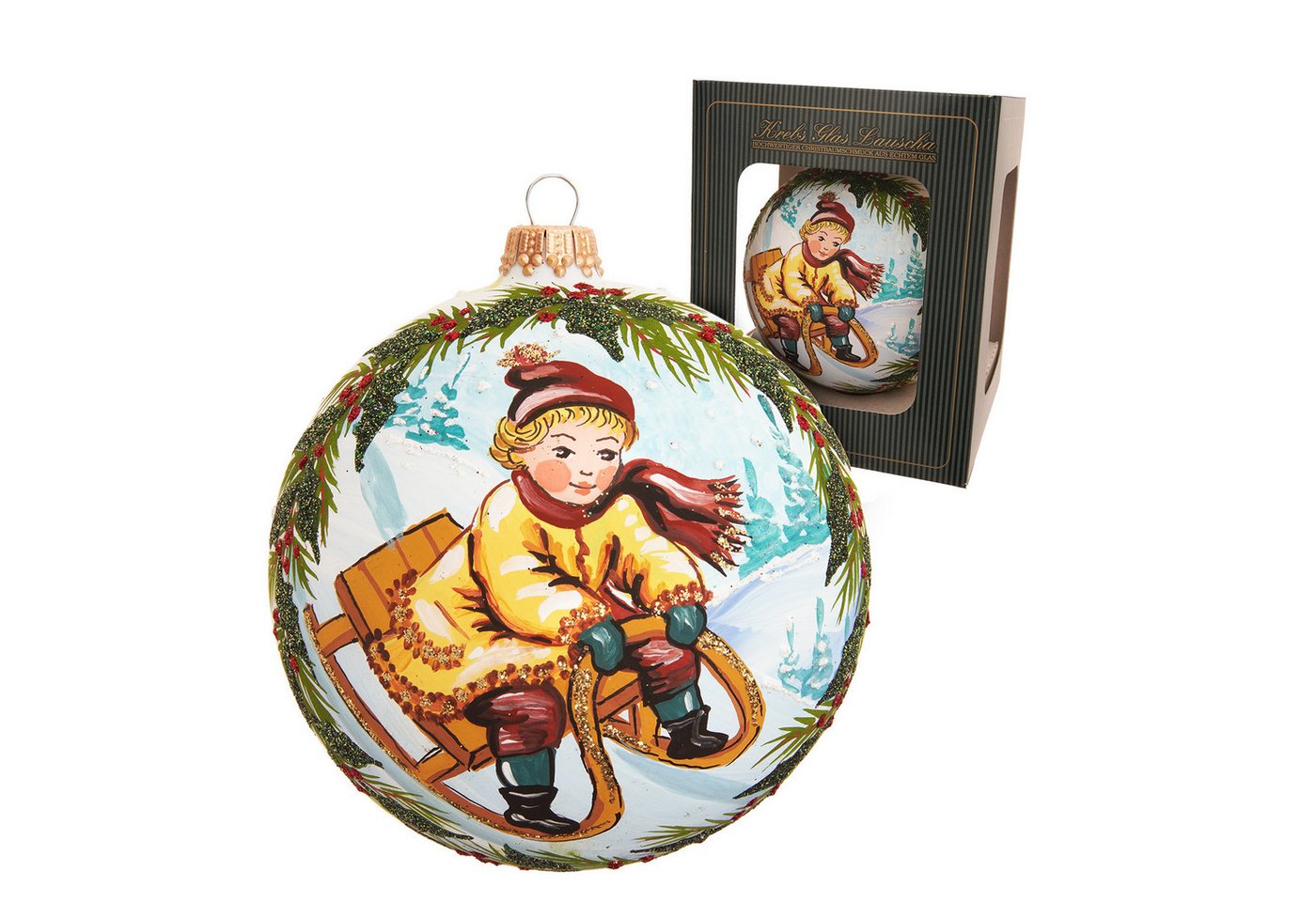 Krebs Glas Lauscha Christbaumschmuck Weihnachtskugel Junge auf Schlitten Weiß 10cm von Krebs Glas Lauscha