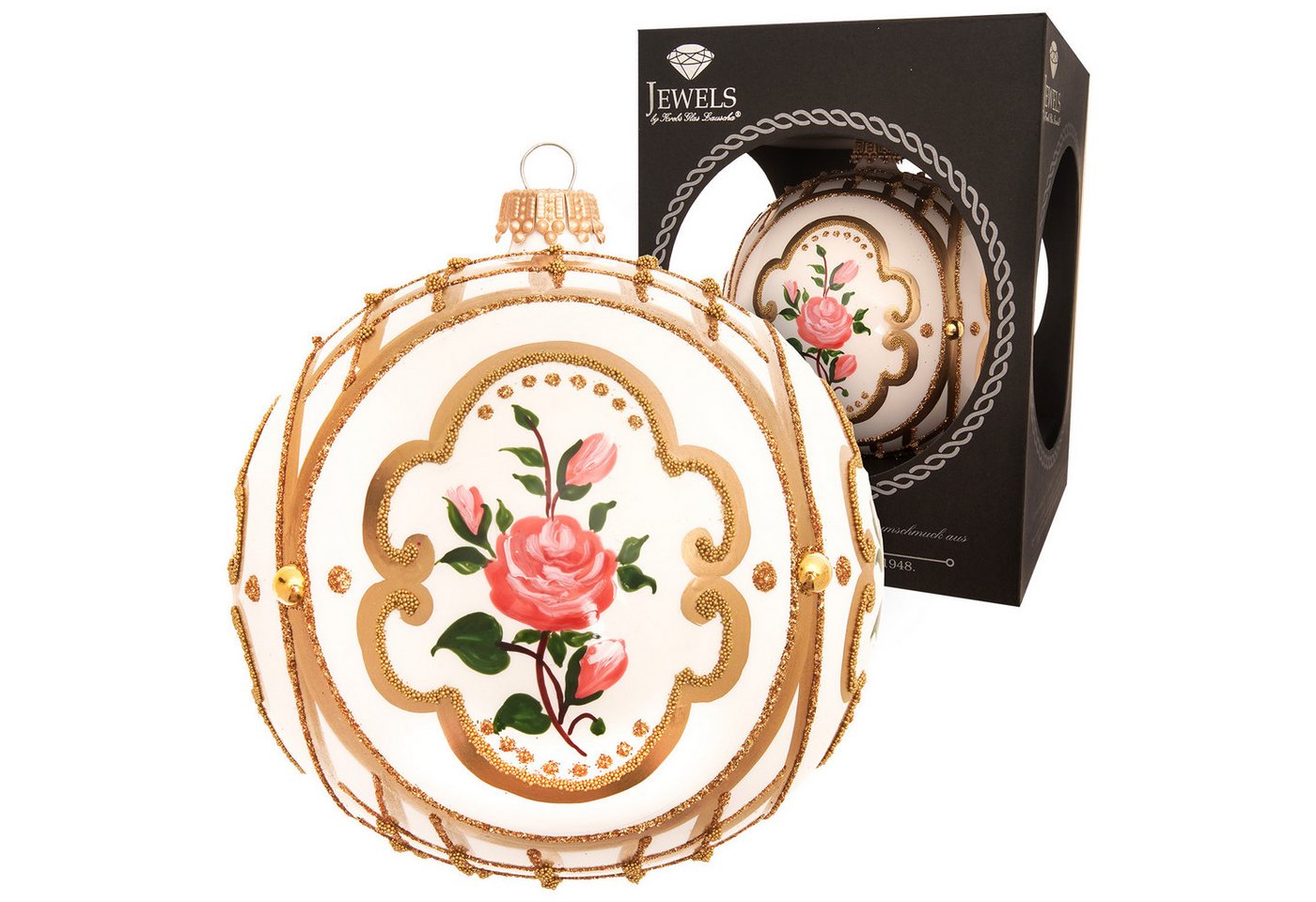 Krebs Glas Lauscha Christbaumschmuck Weihnachtskugel Rosendesign Barock Weiß 10cm von Krebs Glas Lauscha